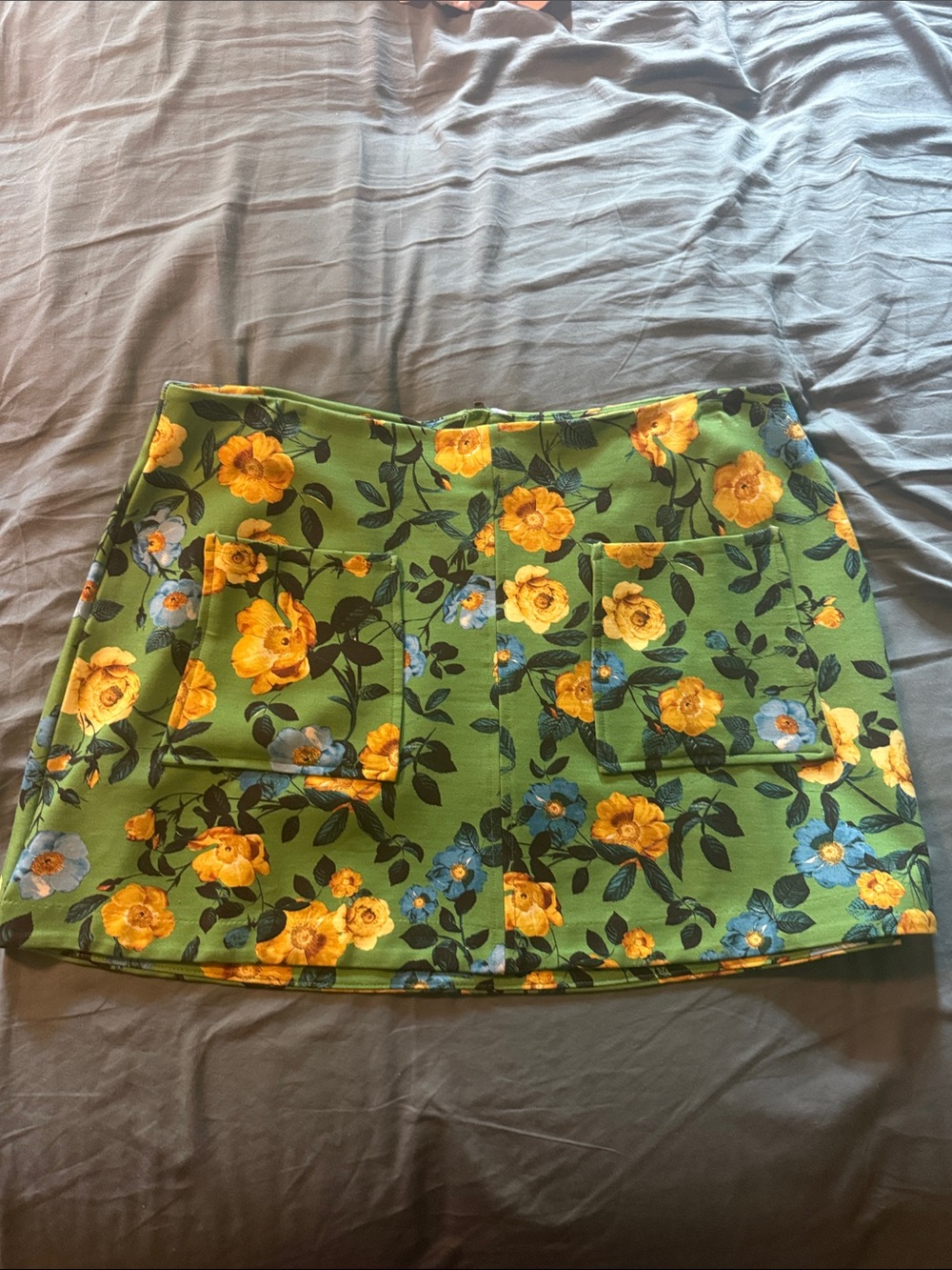Anthropologie Green Floral Mini Skirt with Yellow & Blue Flowers